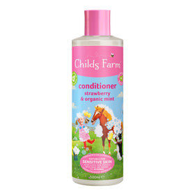 Childs Farm kids hair conditioner strawberry mint bottle pour for easy application.