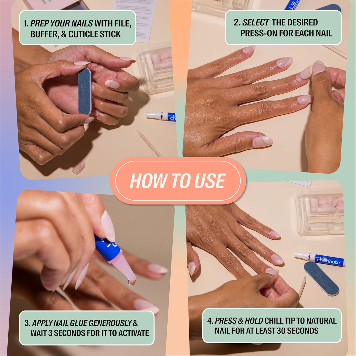 Chillhouse Gentle nail glue delivers secure, comfortable wear.