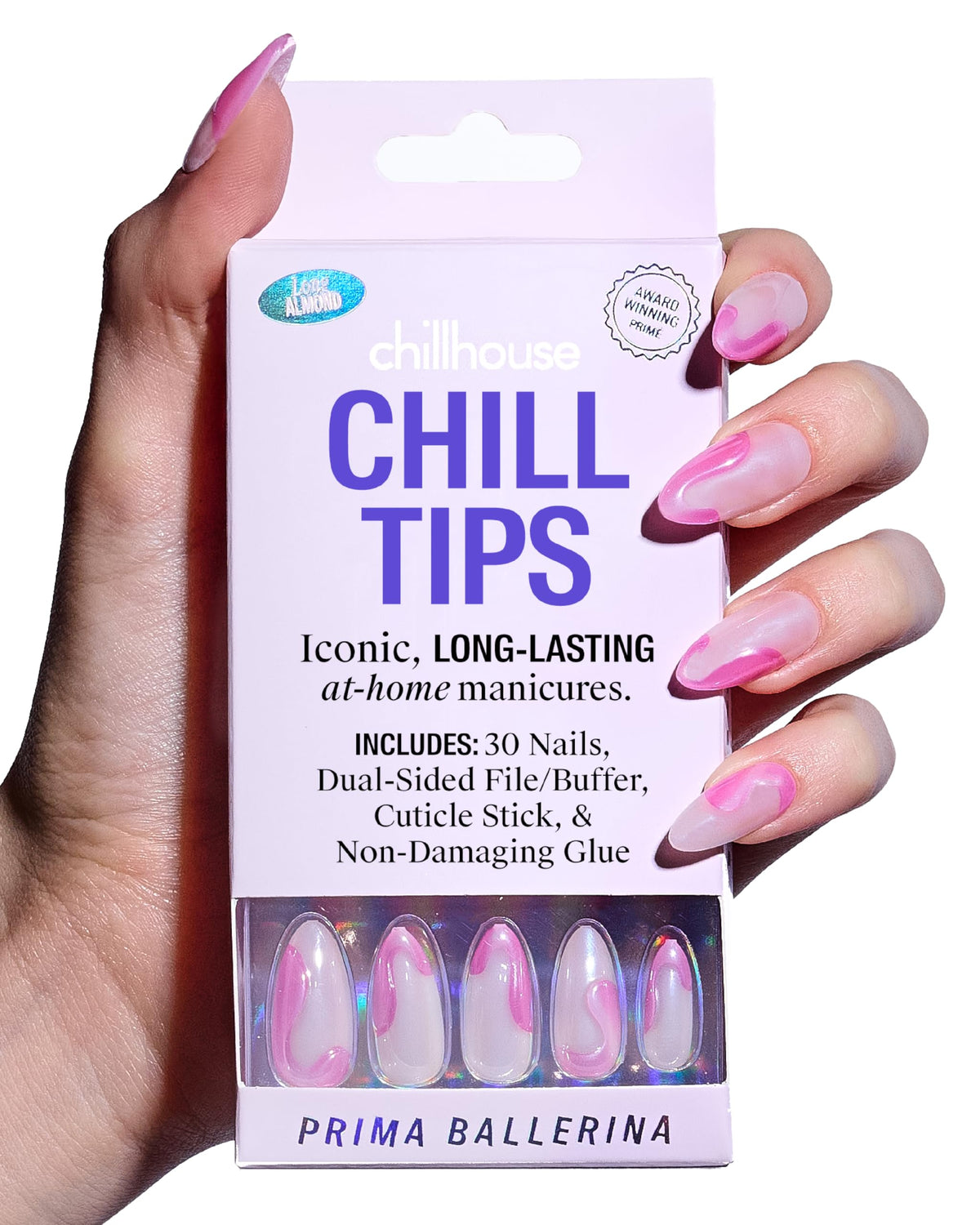 Chillhouse Chill Tips Prima Ballerina almond-tip set for versatile manicure looks.