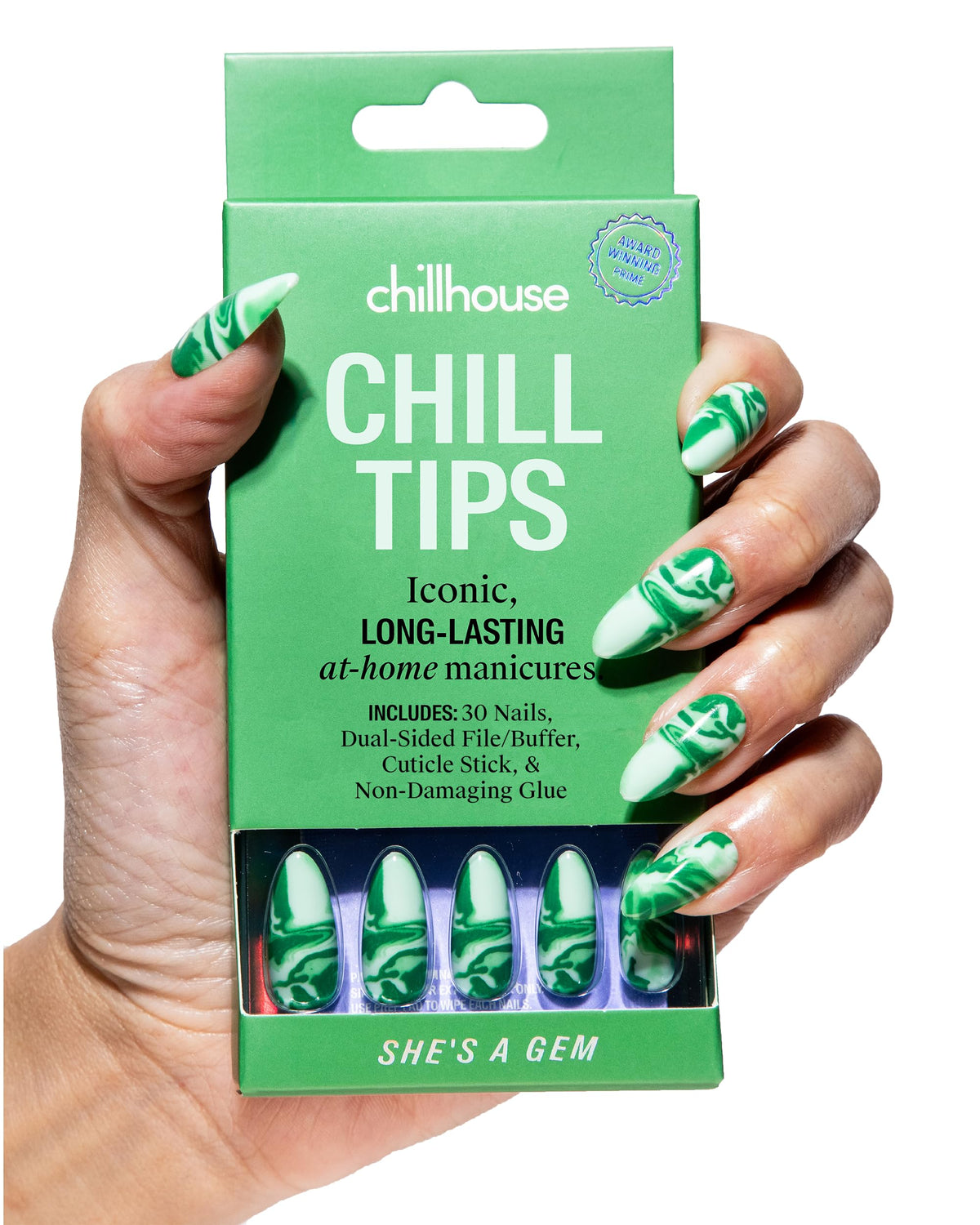 Chill Tips She's A Gem almond tips close-up showing natural finish and grain texture.