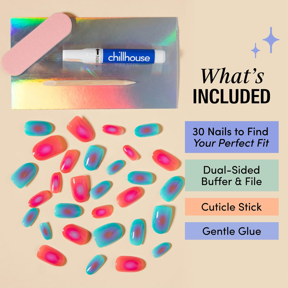 Chillhouse Dual-sided buffer and file preps and shapes nails.