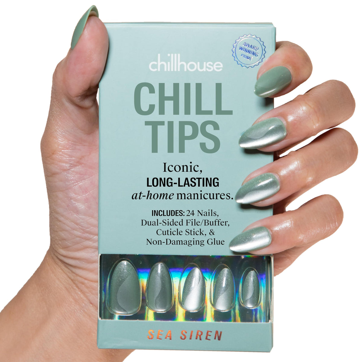 Chillhouse Sea Siren almond tips for an easy at-home manicure