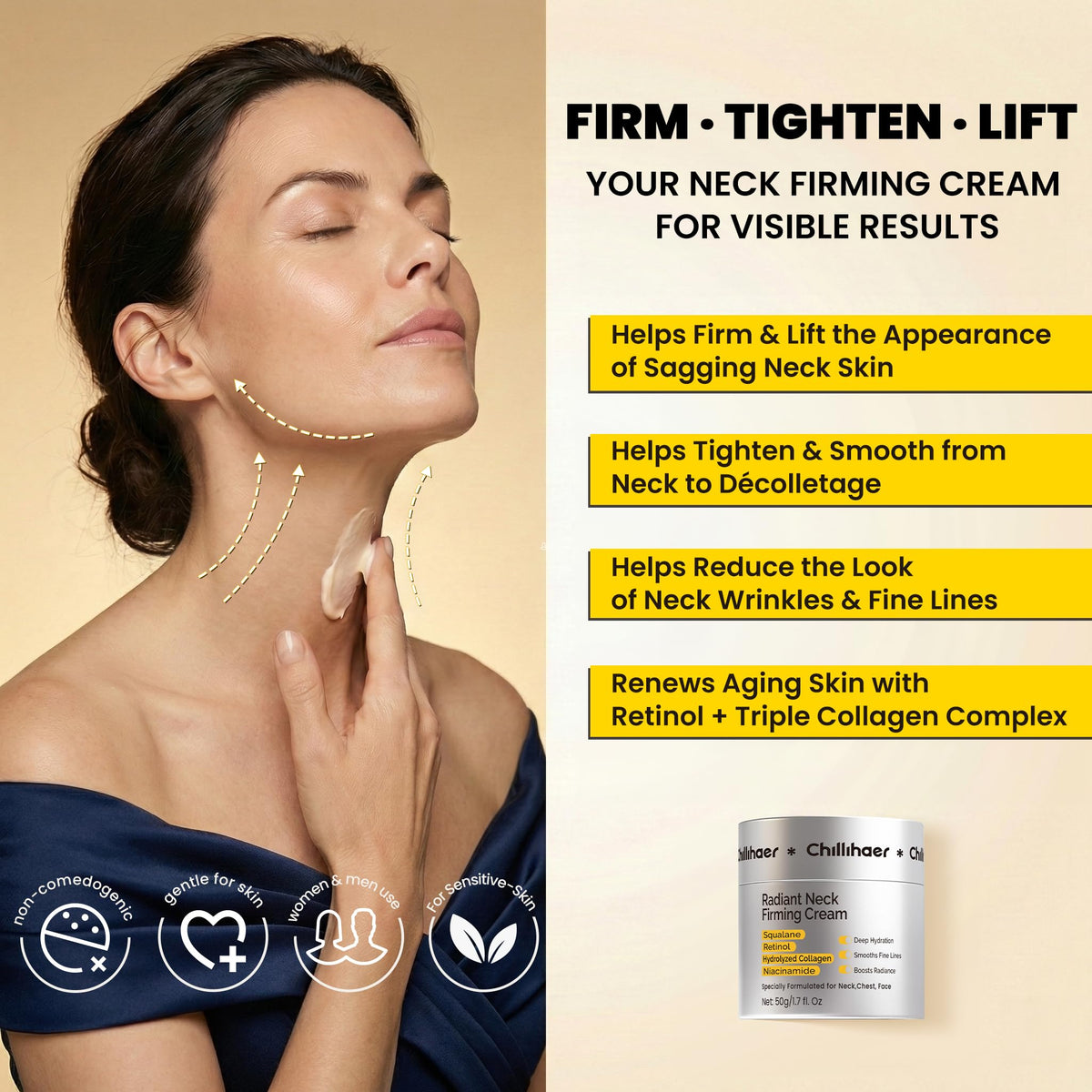 Chillihaer 8-in-1 neck firming cream application shows easy daily use