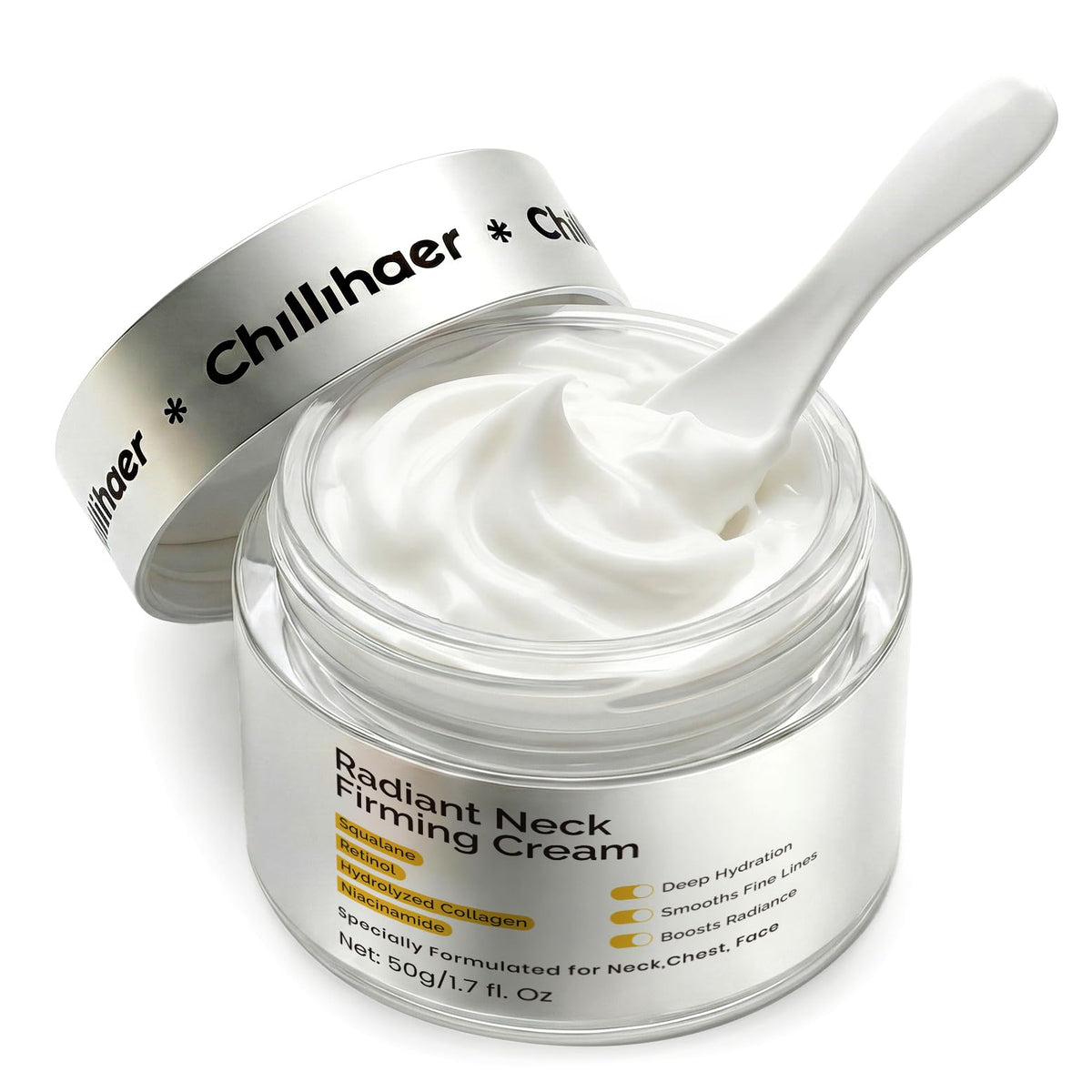 Chillihaer 8-in-1 neck firming cream bottle demonstrating multitarget formula for firmer neck skin