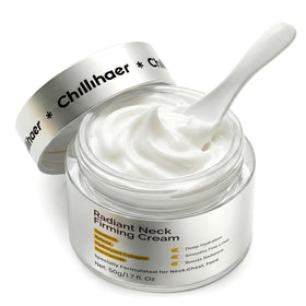 Chillihaer 8-in-1 neck firming cream bottle demonstrating multitarget formula for firmer neck skin