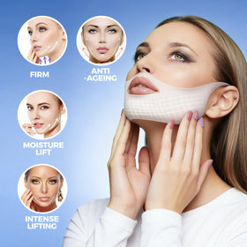 Chinology jawline firming mask applied on the face for a sculpted look
