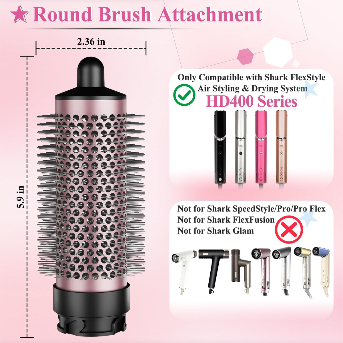 Teeth close-up shows premium bristles for shine and frizz control.