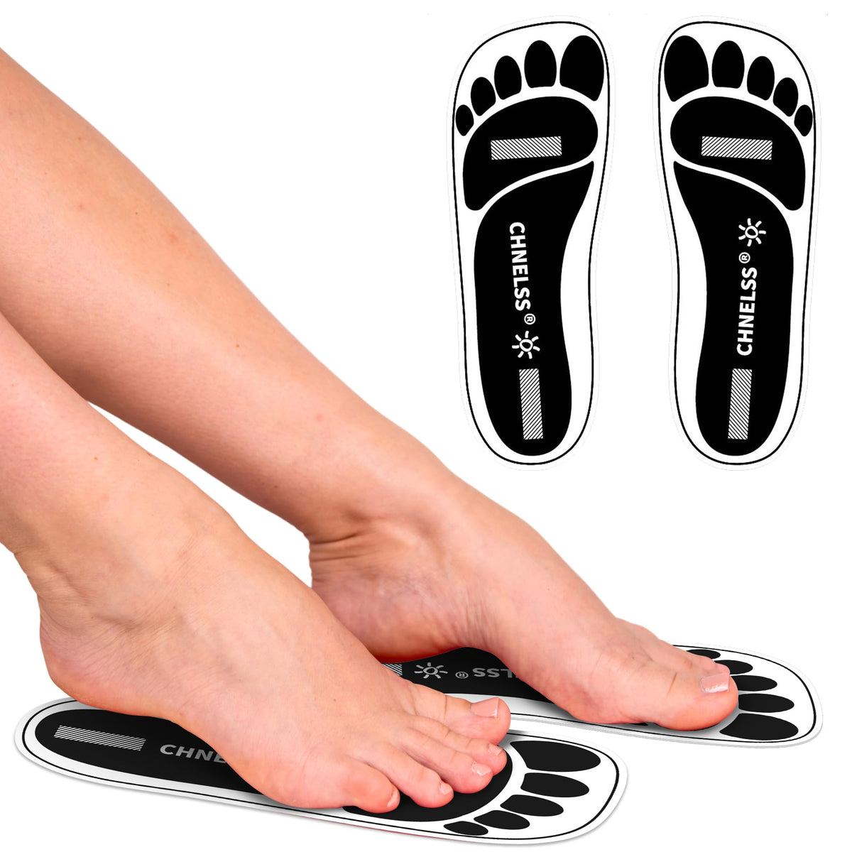 CHNELSS black feet pads packaging protects soles during spray tans.