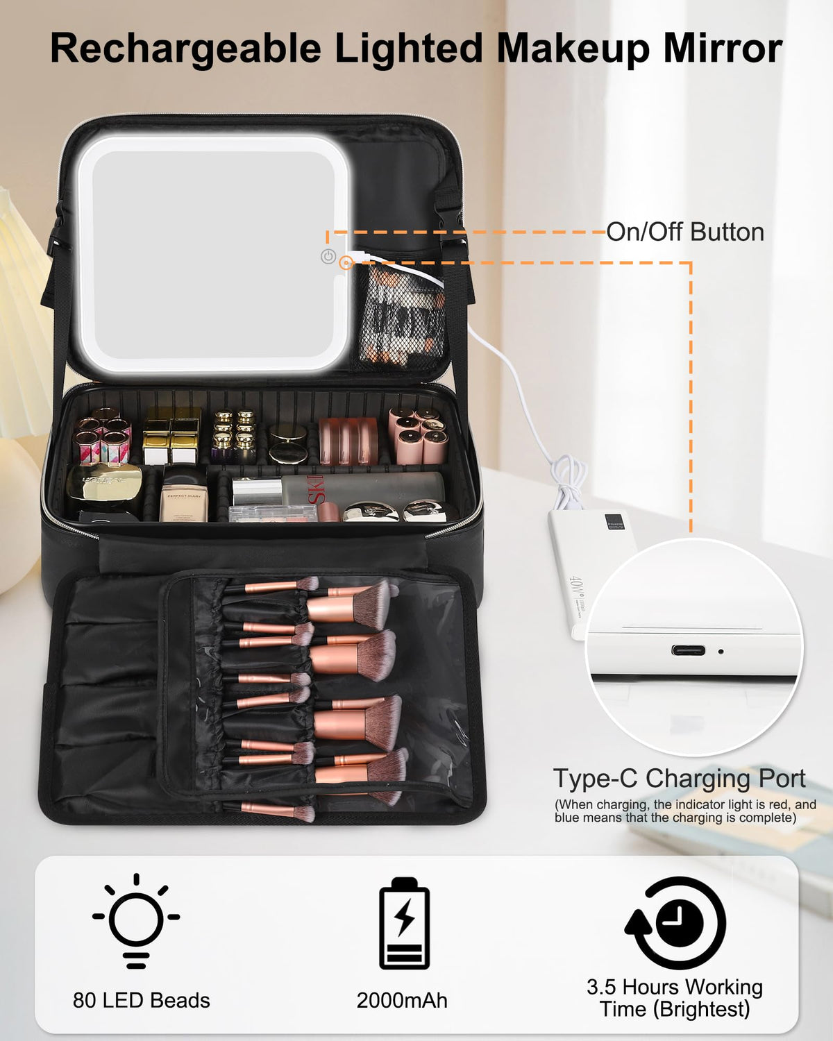 Chomeiu makeup bag interior with 10 dividers and 15 brush slots in dustproof cover