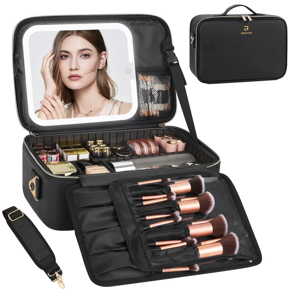 Chomeiu makeup bag with LED mirror, front view showcasing large capacity for cosmetics