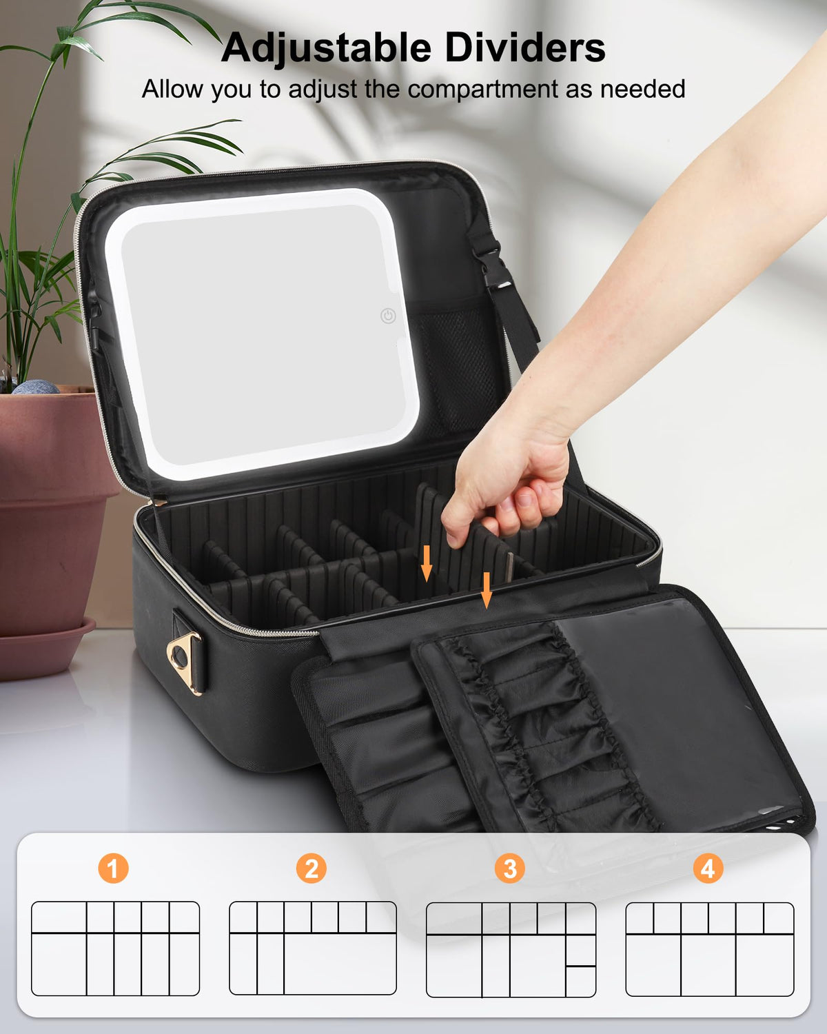 Chomeiu makeup bag opened to reveal adjustable dividers for customized storage