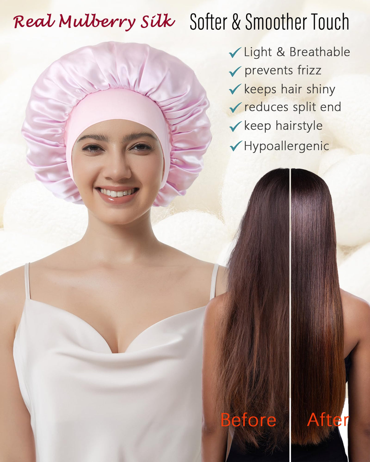 Choshion silk bonnet on head demonstrating secure, comfortable overnight fit