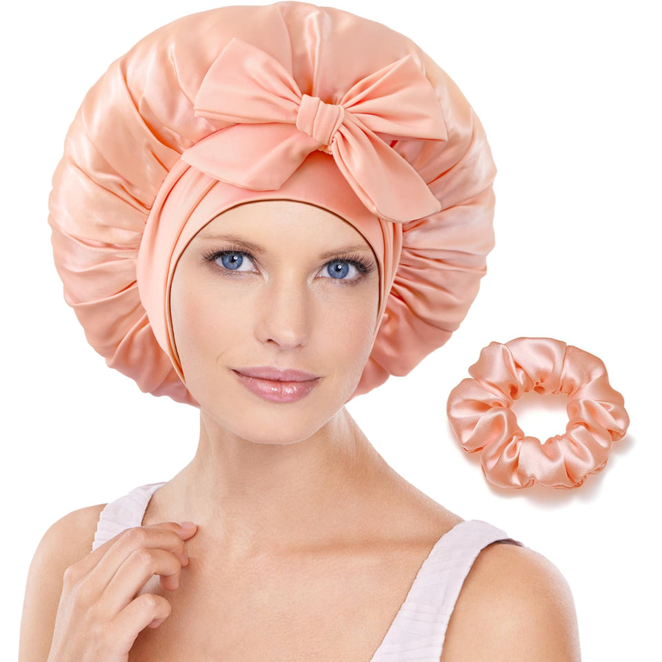 Choshion silk bonnet interior view showing roomy space for long or thick hair.