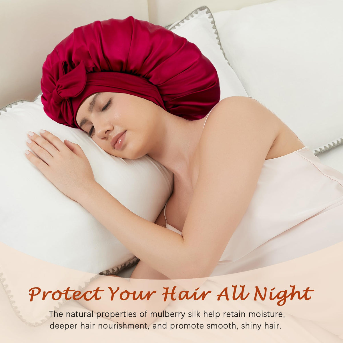 Choshion sleeping bonnet on a model demonstrates comfortable, secure sleep.
