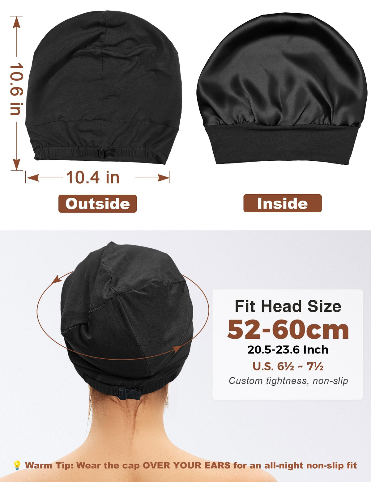 Choshion silk-lined bonnet side view highlighting adjustable strap for secure fit.