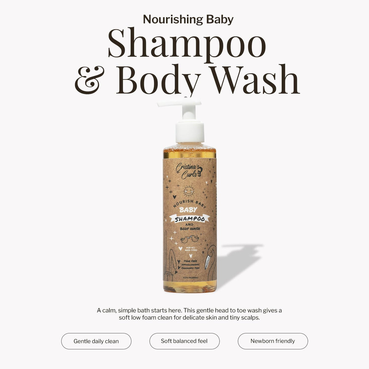 Cristina's Curls Baby Shampoo & Body Wash dispenser shown for quick rinses.