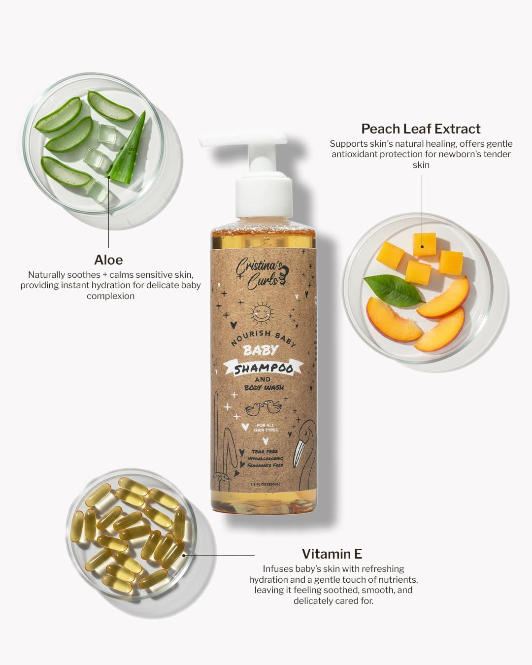 Ingredients highlight: aloe, glycerin, and vitamin E in Cristina's Curls formula.