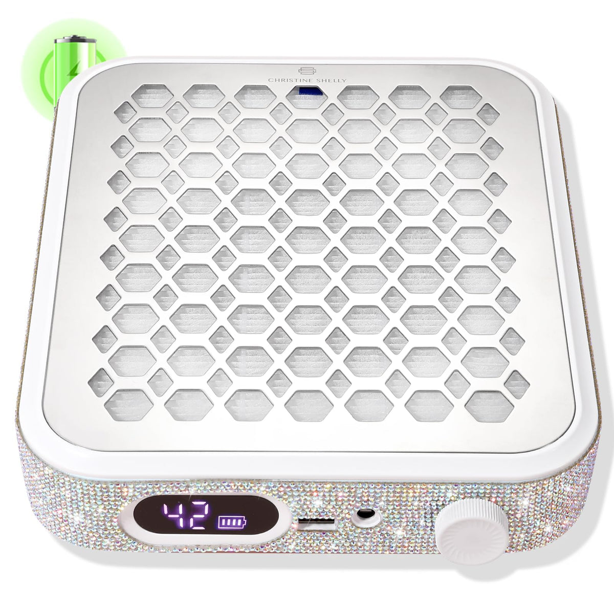 Christine Shelly nail dust collector with rechargeable cordless design for flexible salon use.
