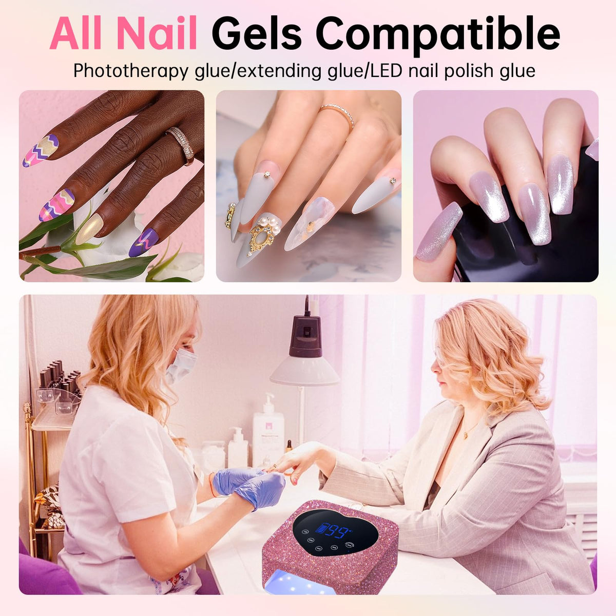 Christine Shelly nail lamp in use with hand under light for quick curing