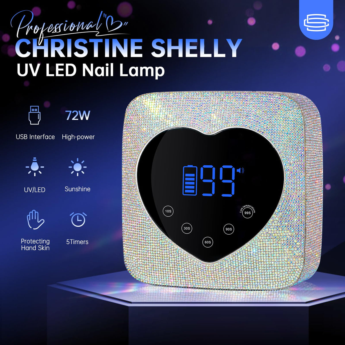 CHRISTINE SHELLY cordless nail lamp with 5-timer display for convenient at-home manicures.