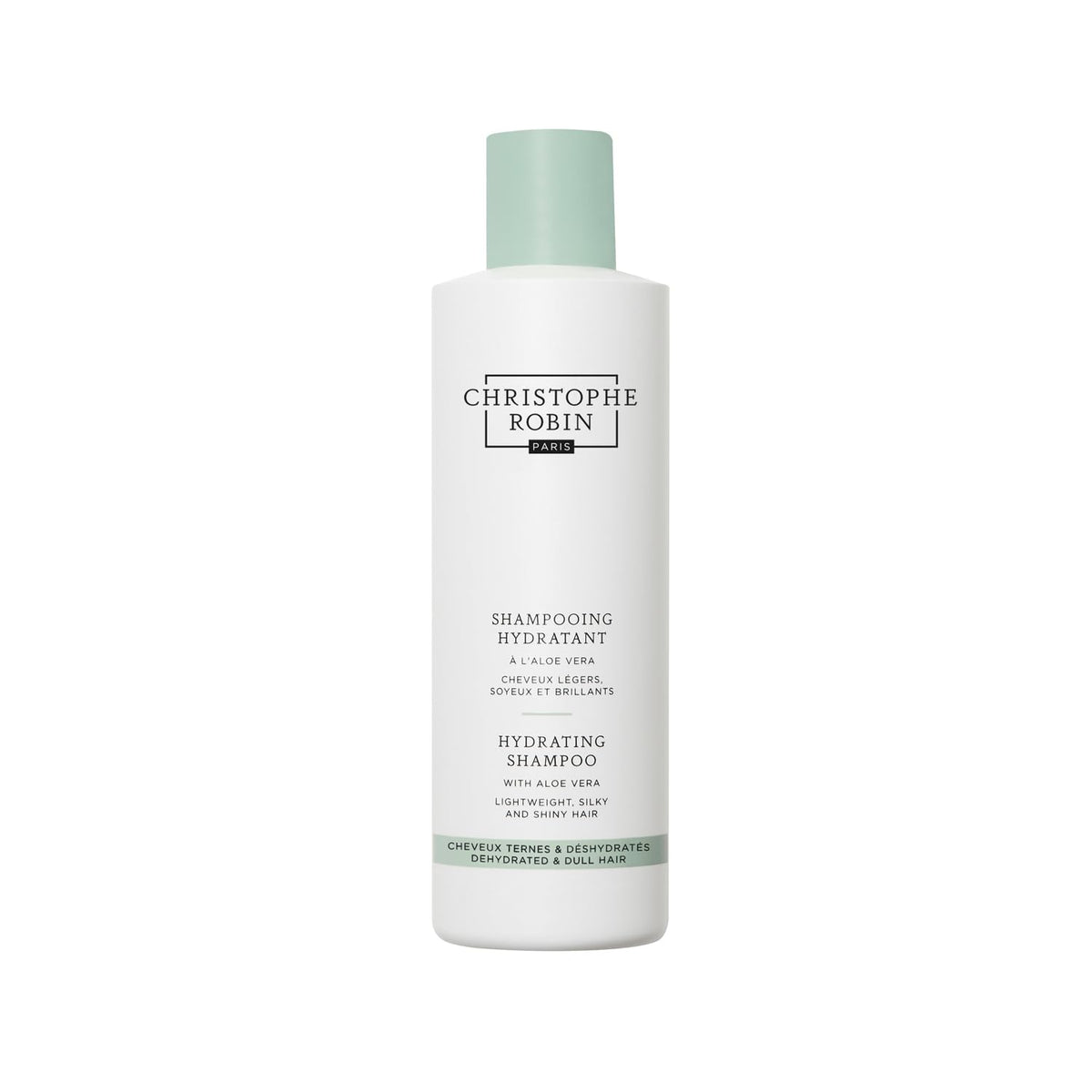 Christophe Robin Hydrating Shampoo Aloe Vera bottle shows lightweight moisture for dry hair