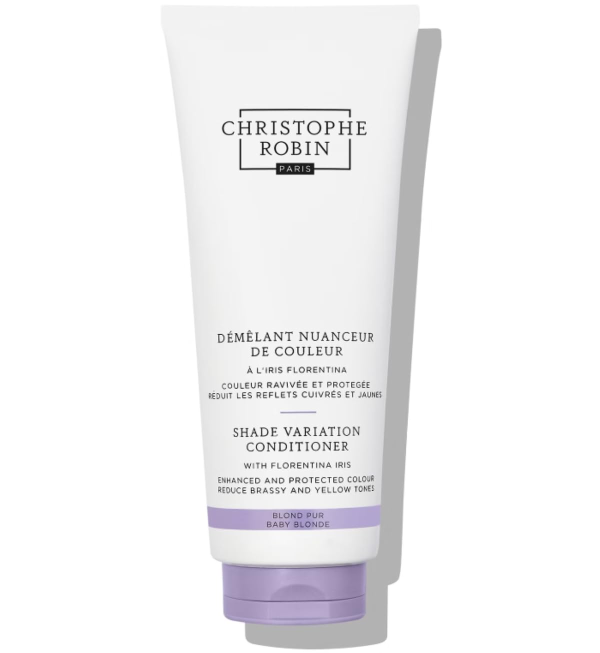 Christophe Robin Shade Variation Baby Blonde conditioner front bottle with lilac formula for brassiness neutralization.