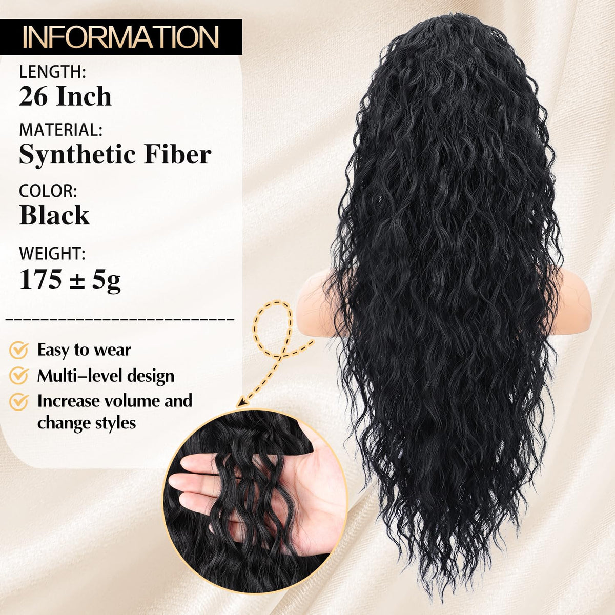 CHRSHN 26-inch long black curly ponytail adds instant length and volume.