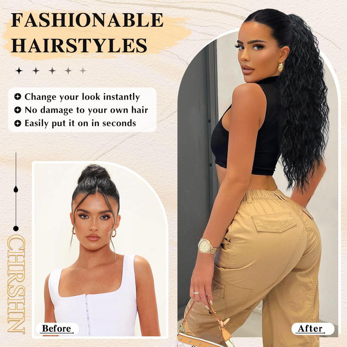 CHRSHN drawstring ponytail extension shown for versatile two-way wear.