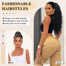 CHRSHN drawstring ponytail extension shown for versatile two-way wear.