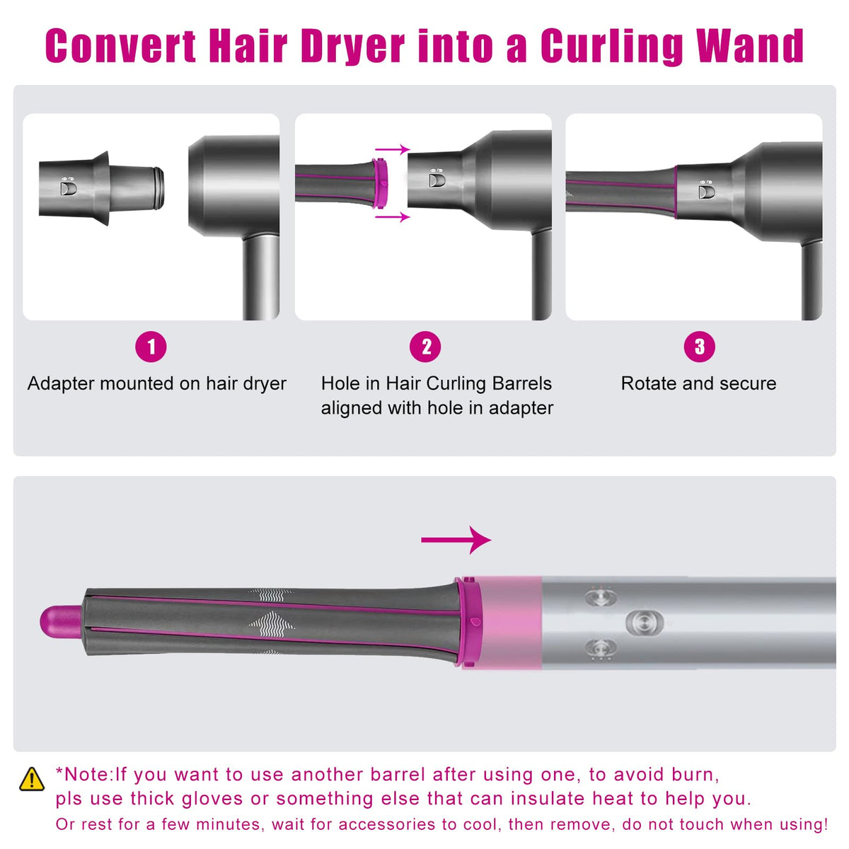 Package includes two long barrels and one adapter for Chuancheng Dyson styling.