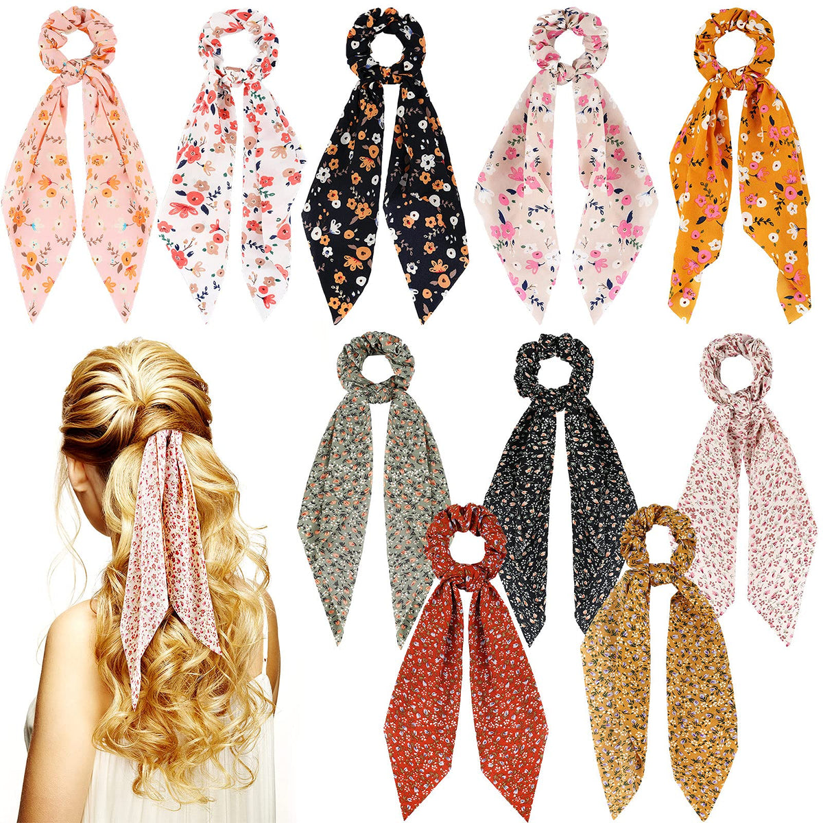 Chuangdi 10-piece floral satin scrunchies set with ribbon for versatile styling