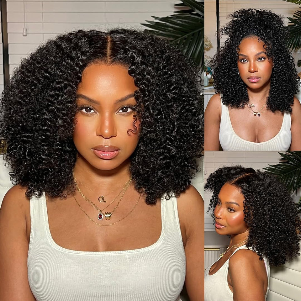 CHUDI 16-inch kinky curly wig front view with natural lace for seamless everyday wear.