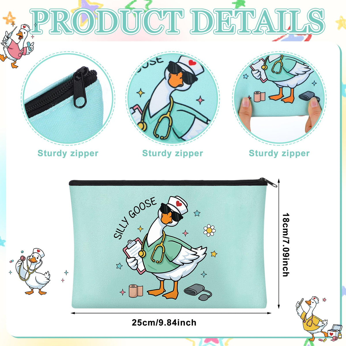 Chunful goose nurse makeup bags closeup zippers show reliable hardware for secure storage.