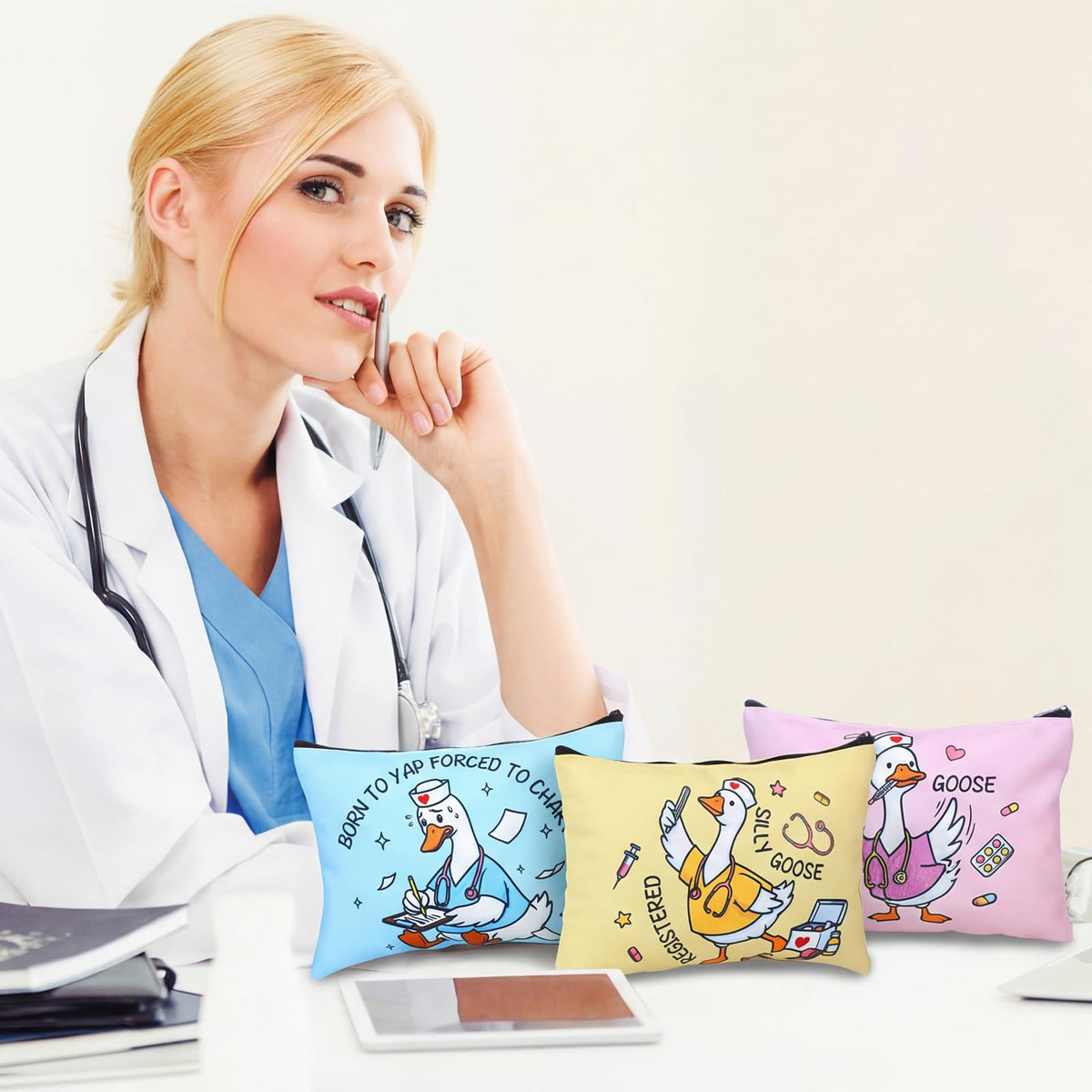 Chunful goose nurse makeup bags travel-friendly design fits in purses and backpacks.
