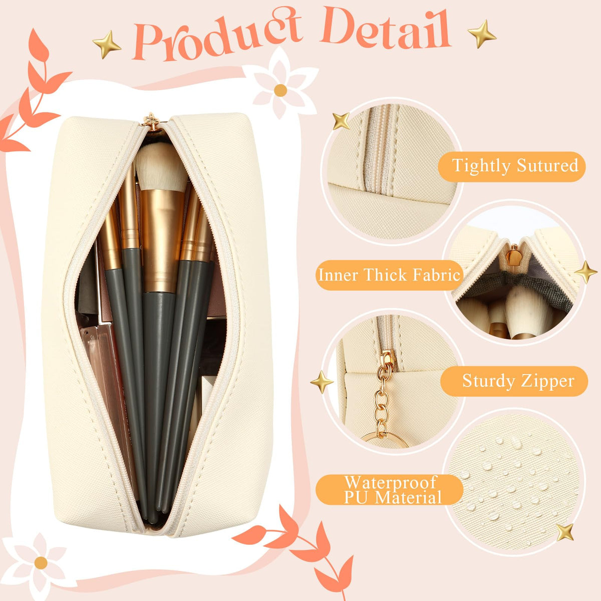Chunful preppy makeup bag beige interior with multiple pockets for tidy cosmetics and toiletries.