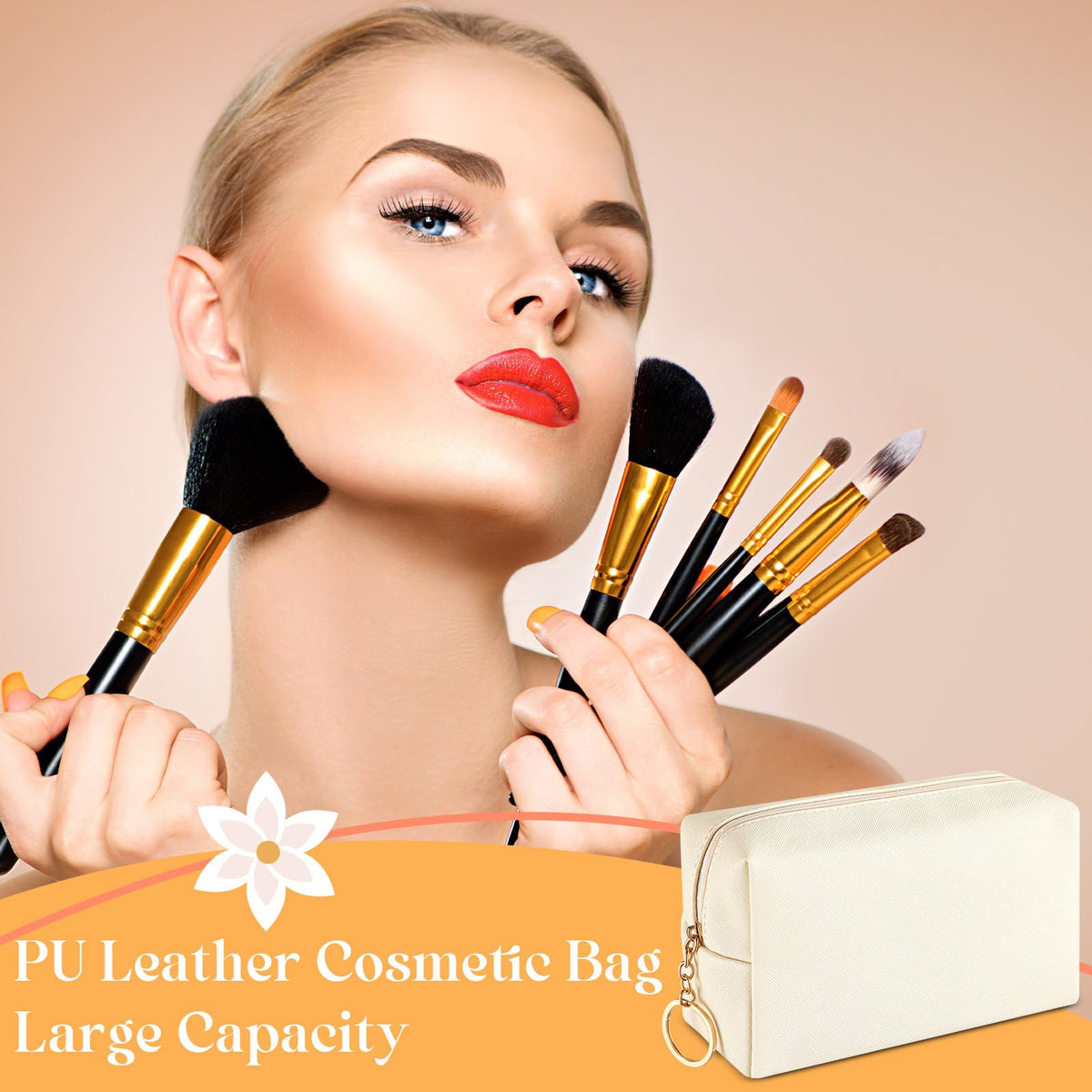 Chunful preppy makeup bag beige textured PU leather, durable and water-resistant material.