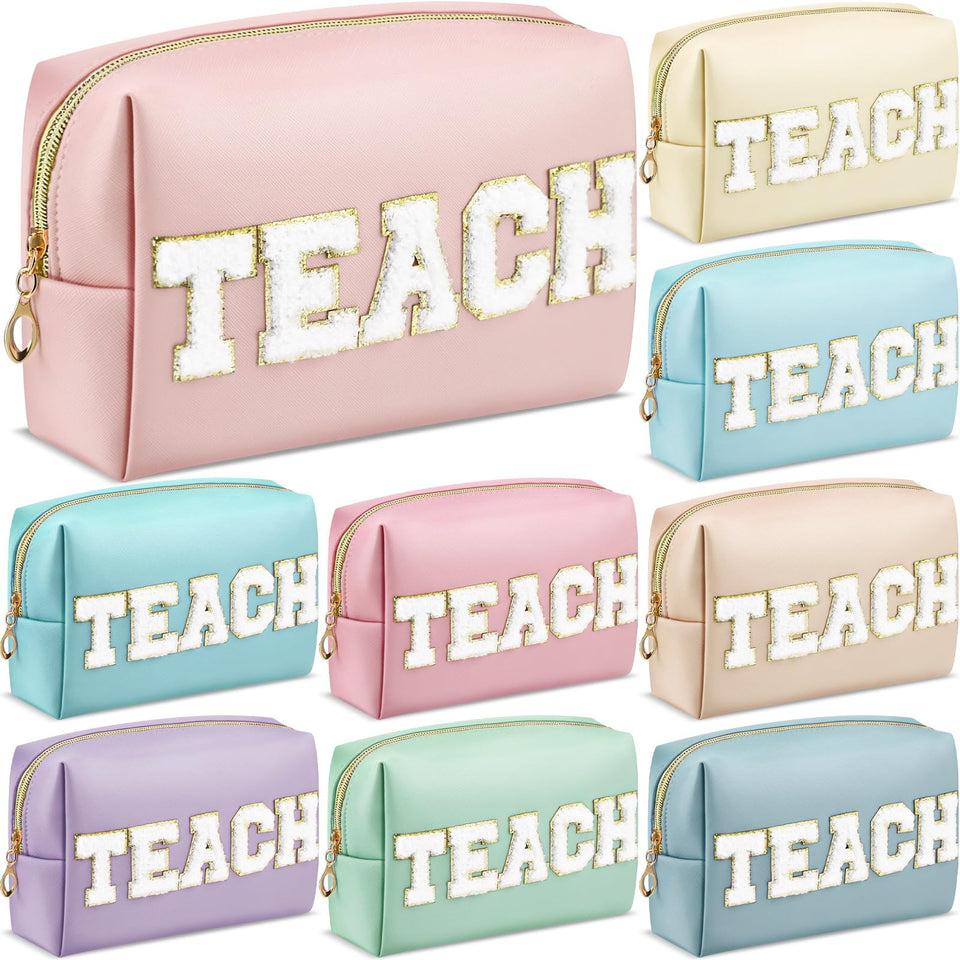 Chunful Teach makeup pouch with chenille letters for organized cosmetics on the go.