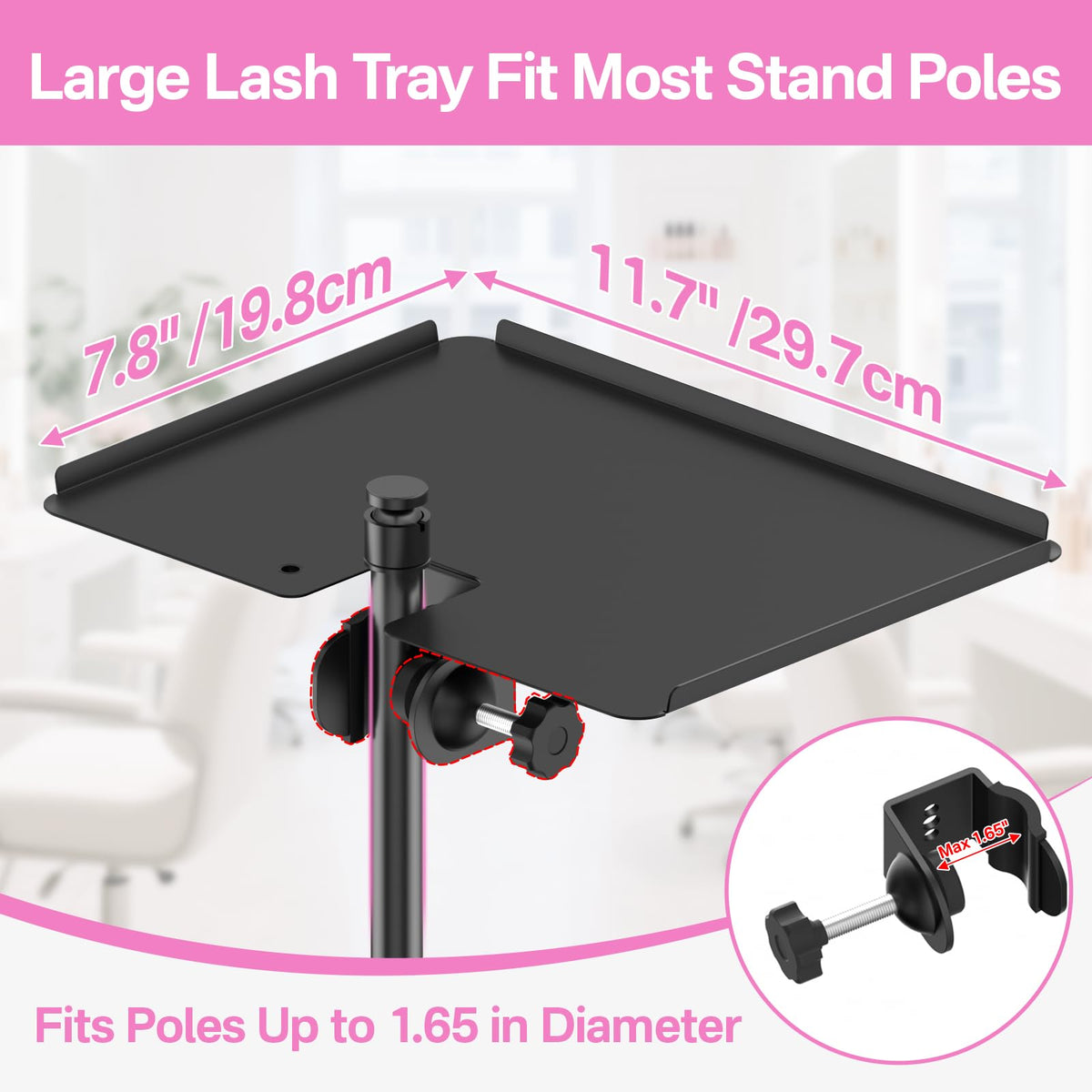 Chunxiao clip-on lash tray attachment secured to a light stand