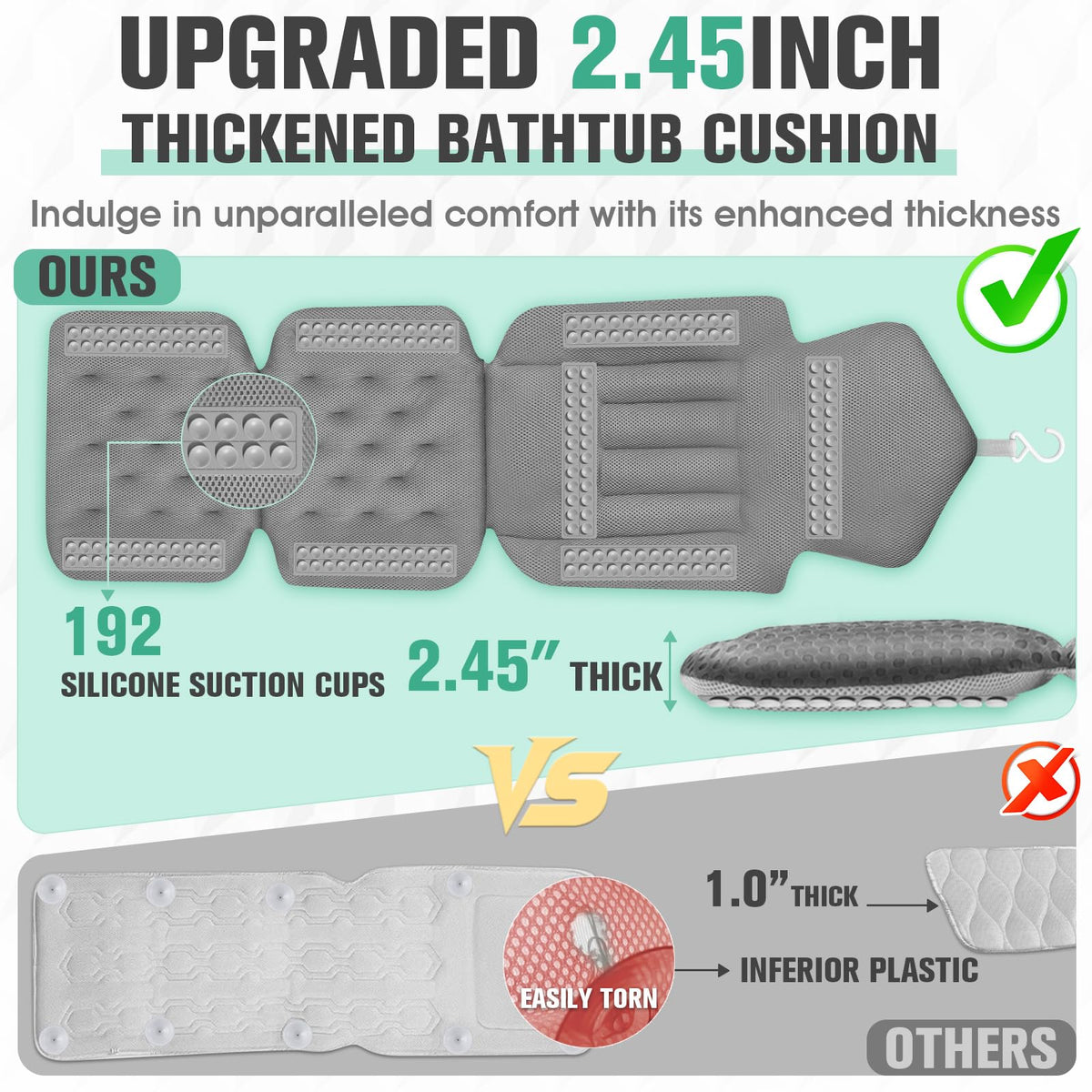 Ciavca bath pillow built-in hook for easy drying after use.
