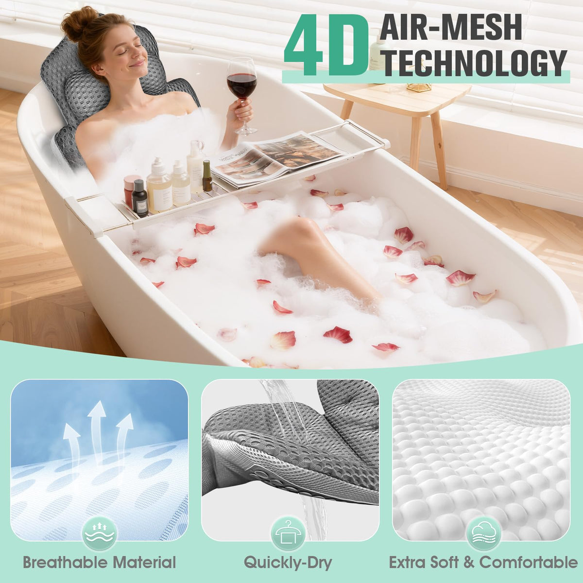 Ciavca bath pillow fits standard tubs and hot tubs for versatility.