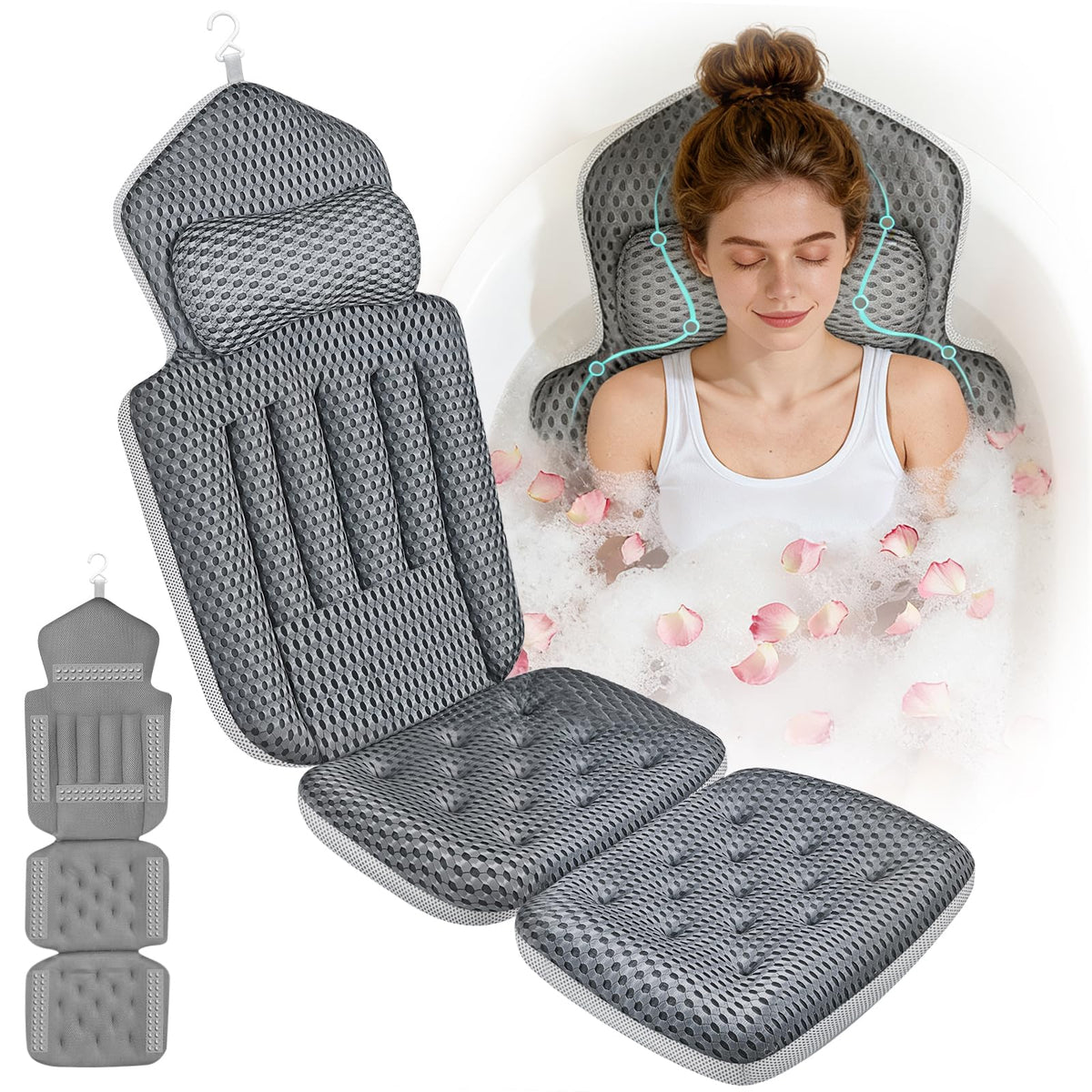 Ciavca full body bath pillow with 192 suction cups for secure tub grip.