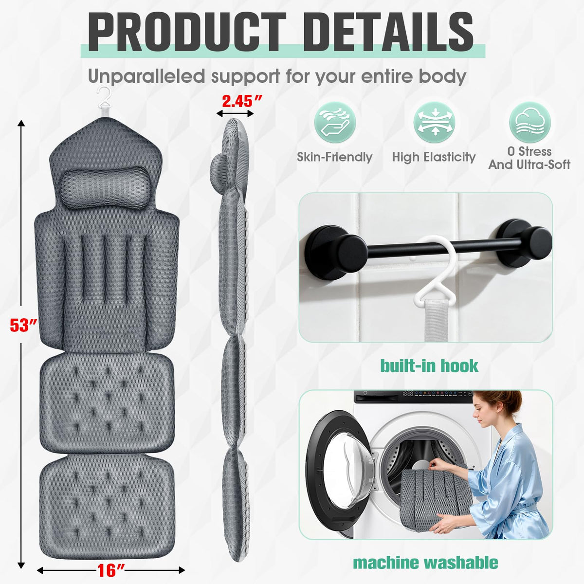 Ciavca full body bath pillow provides head and neck support during a long soak.