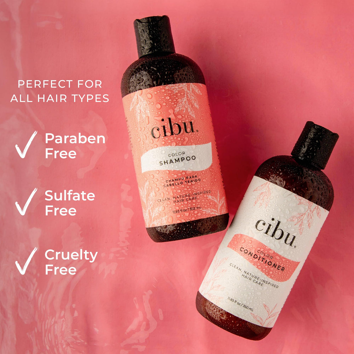 CIBU Color Shampoo and Conditioner Pack on display supporting color protection