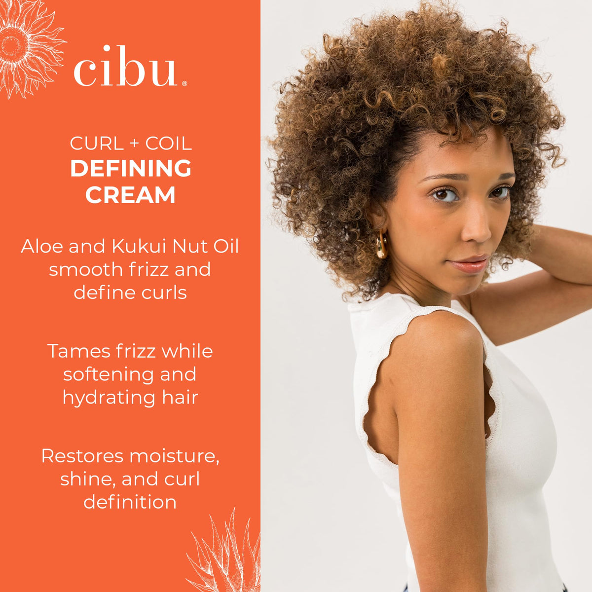 CIBU cream applied to damp hair showing curl definition and rehydration.