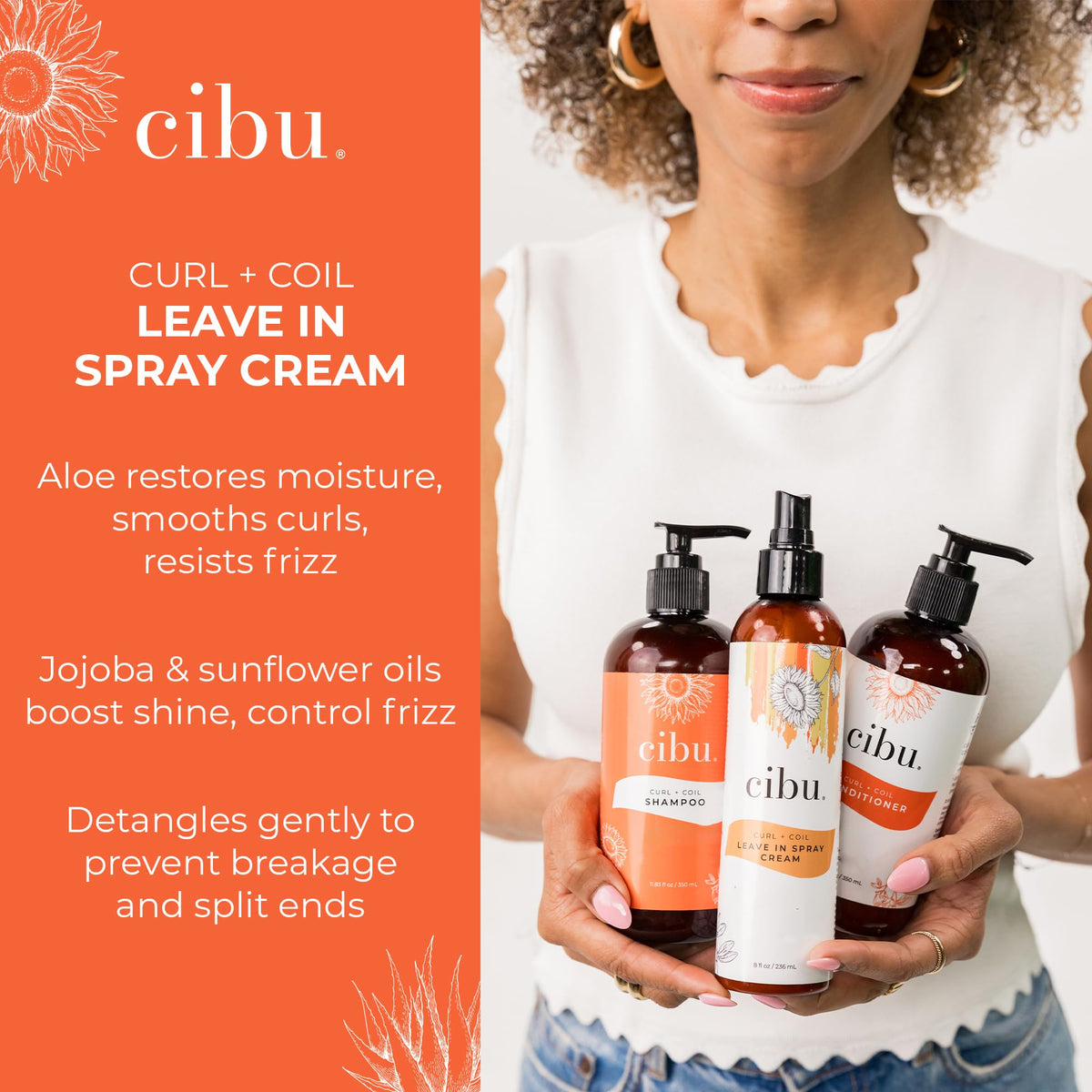 CIBU Curl + Coil detangler demonstrated on damp hair for easy glide
