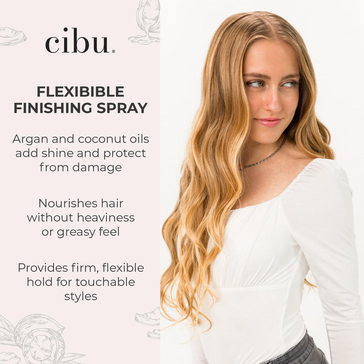 CIBU Hair Spray with argan and coconut oils nourishes hair.