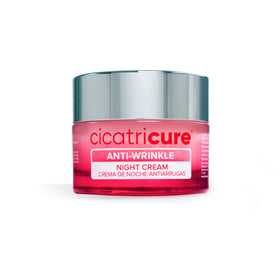 Cicatricure anti-wrinkle night cream bottle closeup highlighting peptide formula