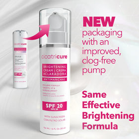 Cicatricure brightening cream SPF 20 bottle close-up showing sun protection.