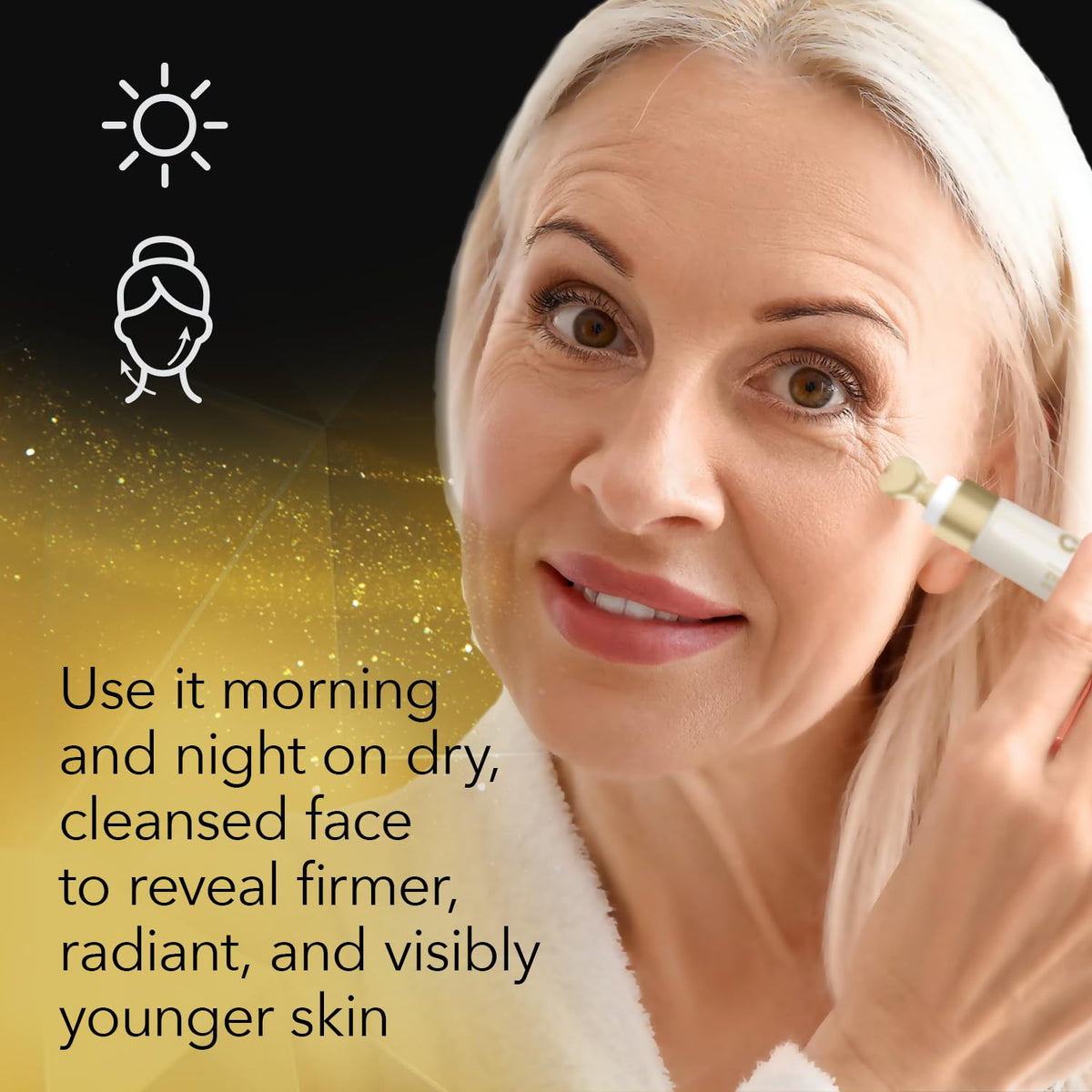 Cicatricure Gold Lift dermatologist-tested badge signals safety and suitability.
