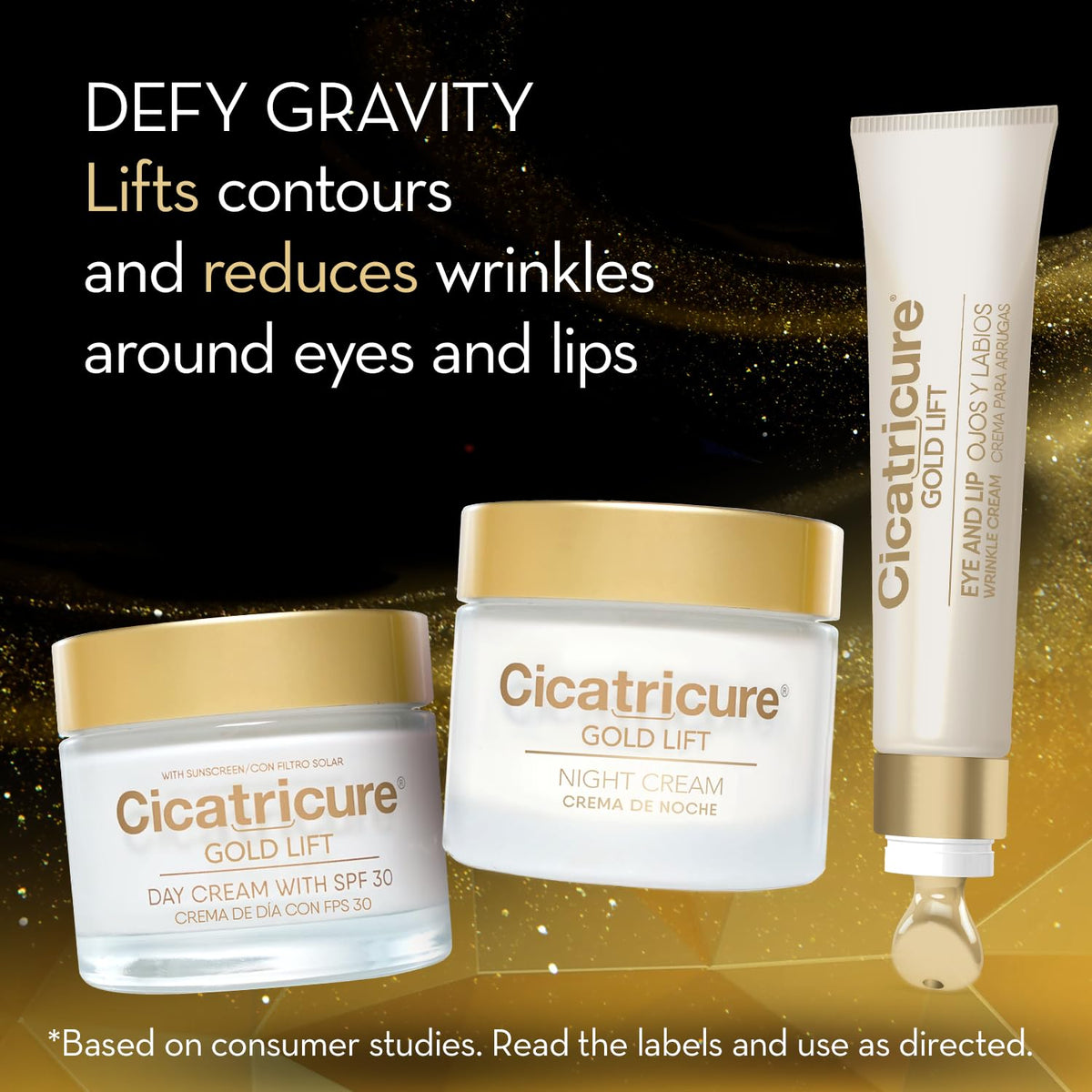 Cicatricure Gold Lift Eye and Lip Cream tube targeting fine lines around eyes and lips.